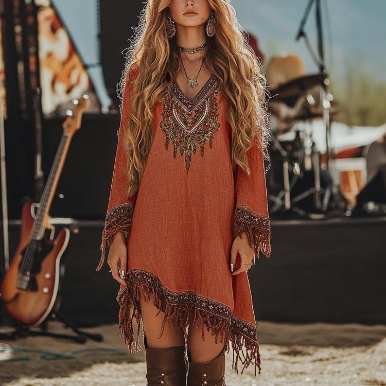 Bohemian Fringe Dress Ethnic Floral Print V Neck Three Quarter Sleeve Embroidered Casual Festival Wear
