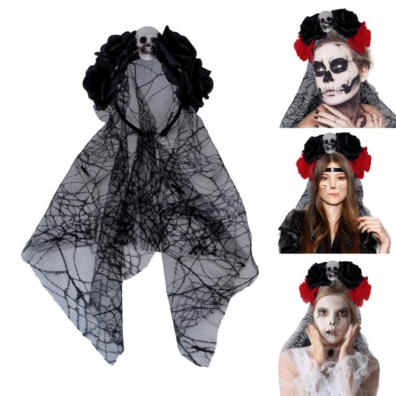 Rose Witch Costume Hair Hoop Gothic Dark Flower Skull Hair Styling for Live Show Headband Gothic Carnivals