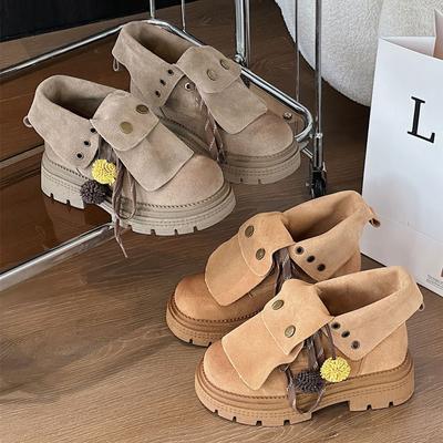 Fashion Autumn Faux Suede Ankle Boots Women Retro Thick Bottom Platform Boots for Women Fashion Lace Up Leather Biker Boots Botas Mujer
