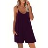 Women's V Neck Spaghetti Strap Solid Color Loose Fit Straight Leg Rompers Cute Fresh Casual Short Jumpsuit With Pockets
