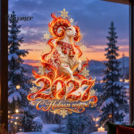 Red Gold Decor 2027 Zodiac Sheep Static Window Clings, Russian New Year Glass Reusable Film Decals, Double-Sided Print Stickers for Home & Shop