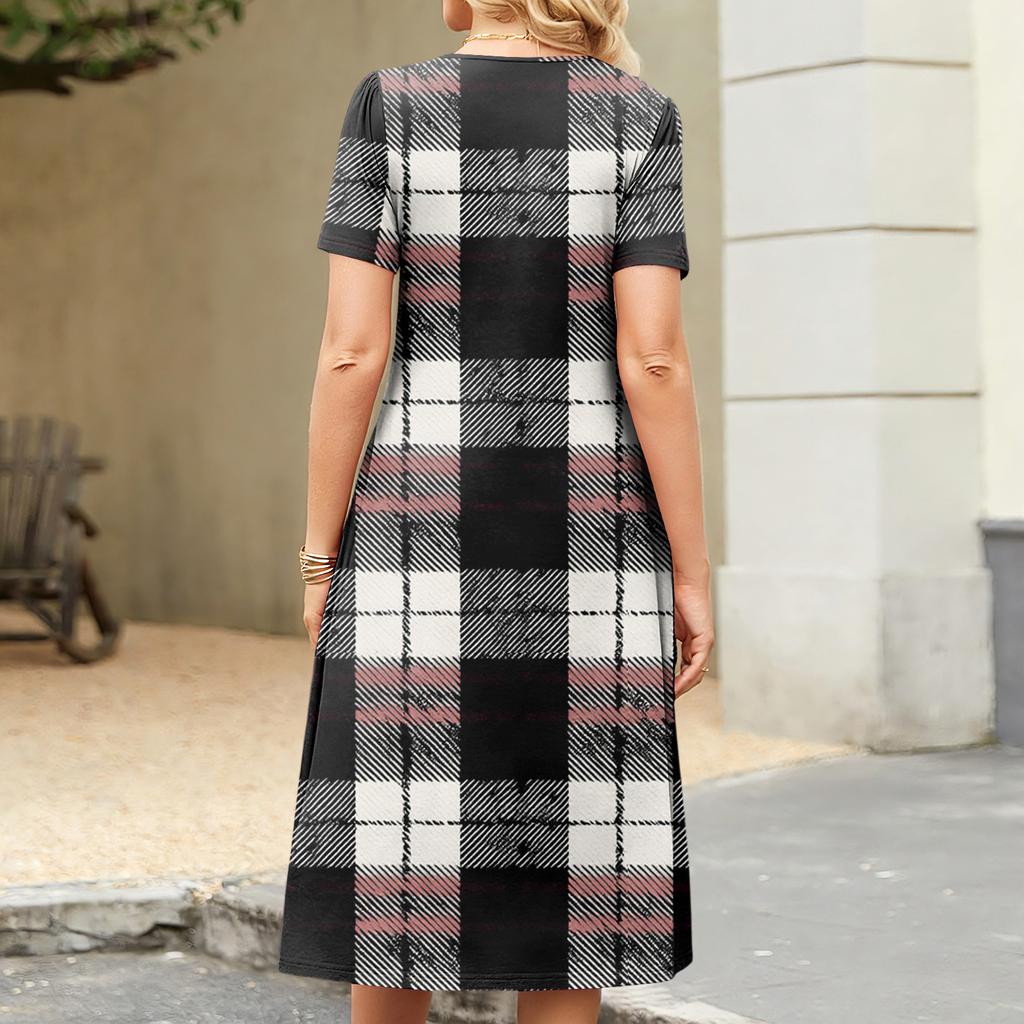 Damen kariertes bedrucktes lässiges und modisches kurzärmeliges Rundhalskleid