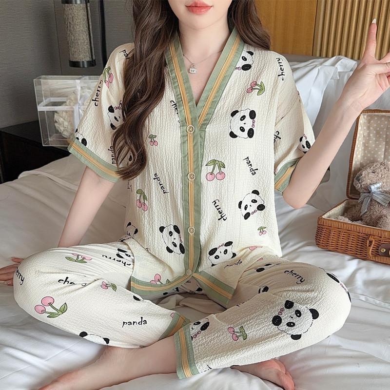 Summer Thin Bubble Cotton Yarn Cartoon Panda Soft V-neck Loose 55kg Short-sleeved Trousers Loungewear Pajamas Set Women