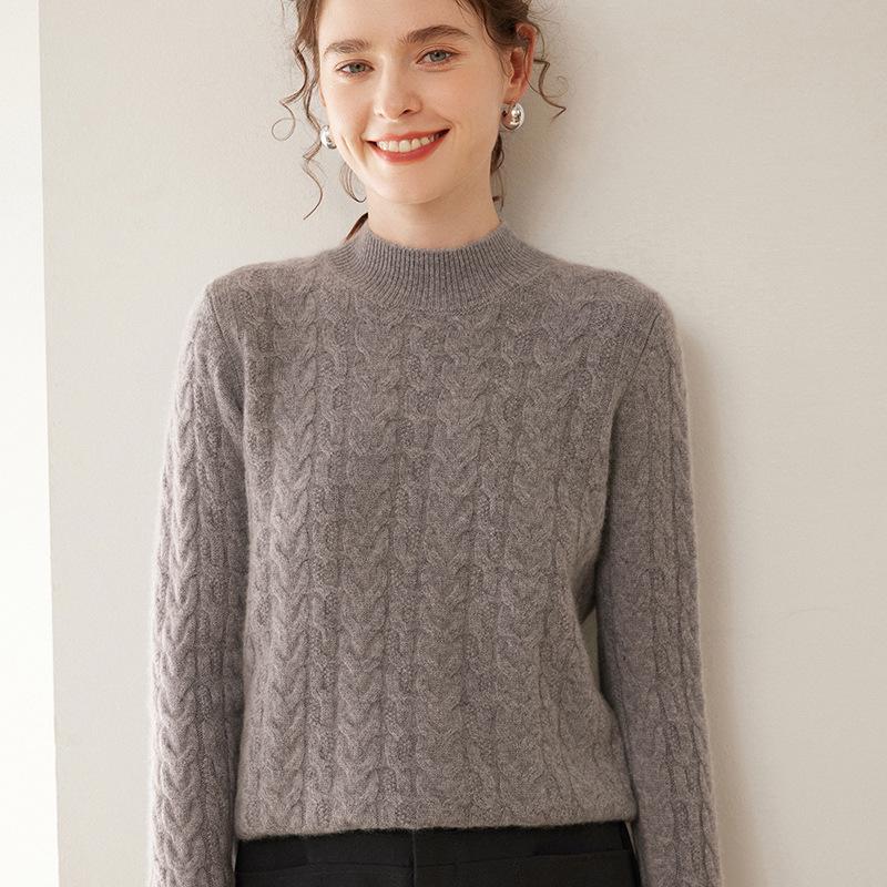 Women's High Neck Cable Knit Cashmere Sweater, Loose Fit, Solid Color, Thick Inner Layer for Autumn/Winter 2024