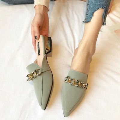Hausschuhe Damen 2025 Neue Ketten-Mules Damen Pantoletten Quadratische Zehenpartie Damen Gestreifte Schuhe Sommer Mode Schuhe Quadratischer Absatz Damenschuhe