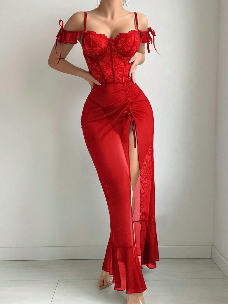 European and American Large-size Erotic Underwear New Year's Long Dress with Split Ends and Buttocks, Sexy Perspective