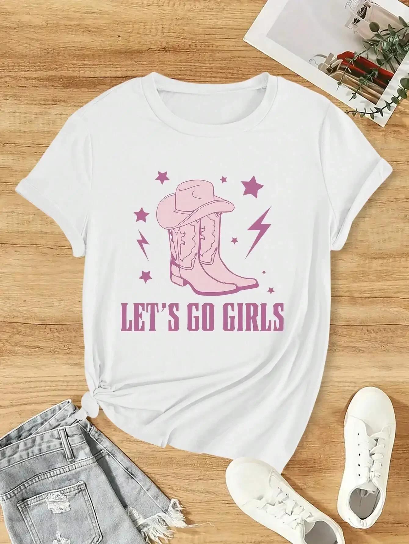 

Women T-Shirt Vintage Cowboy Let S Go Girls Printing Short Sleeve Teessummer Street Fashion Tops O-Neck Loose Female Clothes 4XL