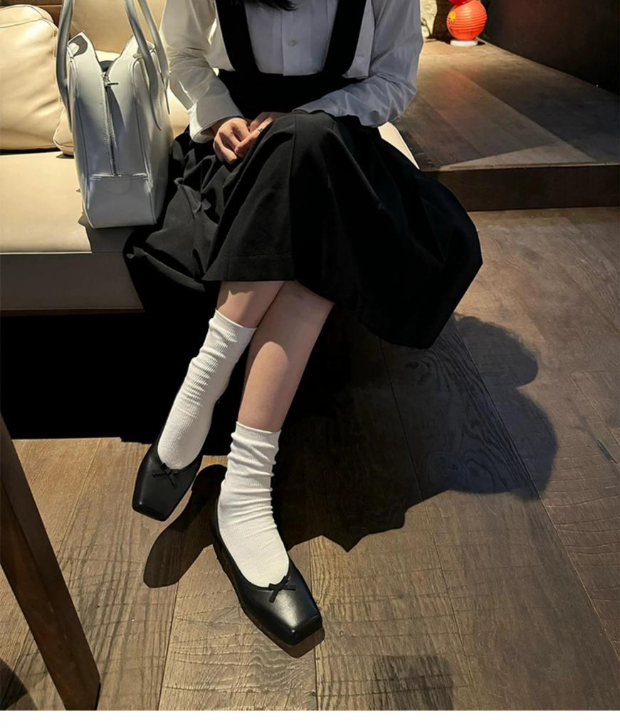 Genuine leather Korean version niche square toe shallow bow single shoes women's spring and autumn new versatile flat ballet shoes scoop shoes
