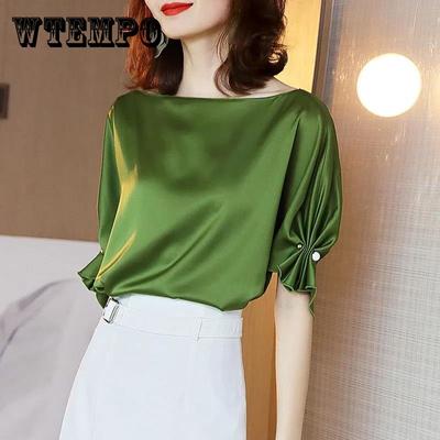 Silk Satin Top Women's Short Sleeved Chiffon Shirt O-collar Solid Color Loose Casual Short Top Light Luxury Drape Shirt Spring and Summer