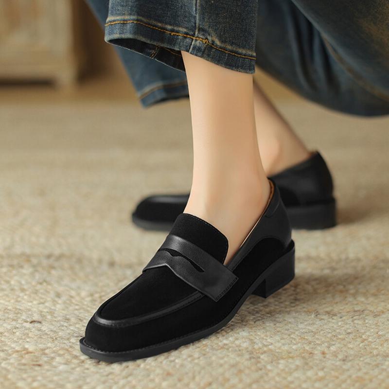 Fashion NEW Spring/Autumn Women Loafers Round Toe Chunky Heel Shoes Sheep Suede Leather Shoes for Women Slip-on Plus Size Women Pumps