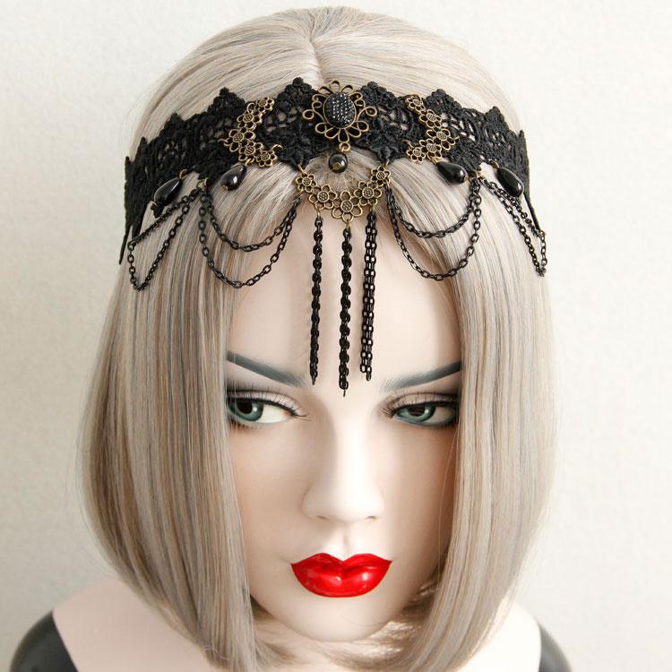 Beads Black Hairbands For Women Girls Neo-Gothic Flower Lace Tiara Headdress Female Halloween Party Fashion Noble Jewelry