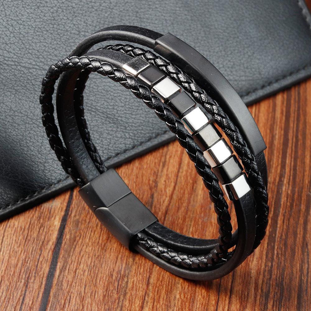 Men's Black Leather Bracelet Double Layer Rope Simple Stainless Steel Braided Handmade Wristband Outdoor Jewelry Accessories