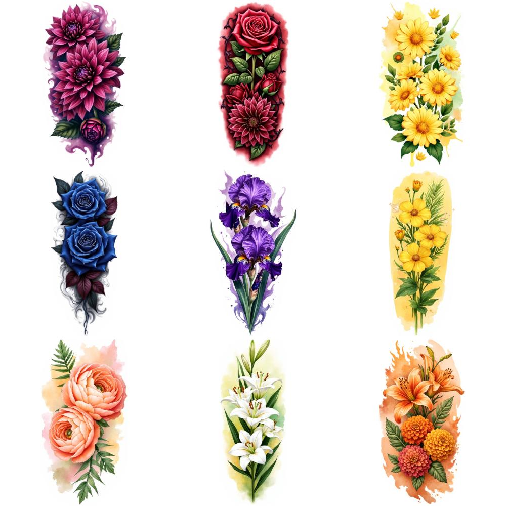 9pcs Temporary Tattoo Colorful Realism Beautiful Flora Watercolor Flowers Colorful Blooms For Shoulders Back Adult