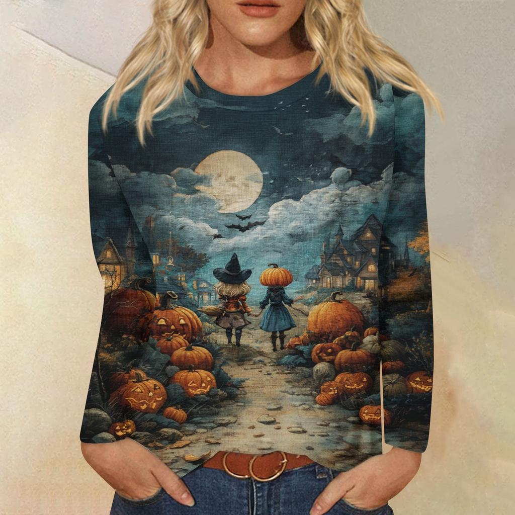 Modisches, lässiges Langarm-Oberteil mit Rundhalsausschnitt und Halloween-Print für Damen