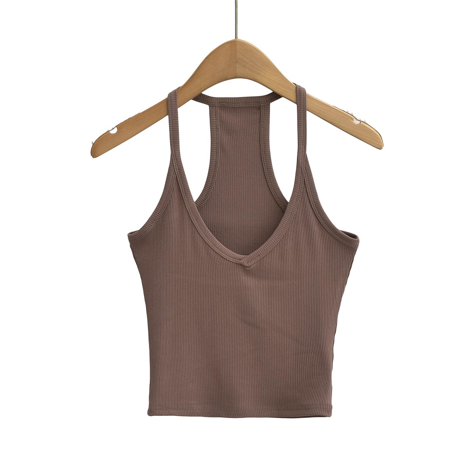 

Горячая девушка сексуальный короткий подтяжки женский глубокий V-образный вырез обтягивающий жилет прошитый короткий топ M коричневый