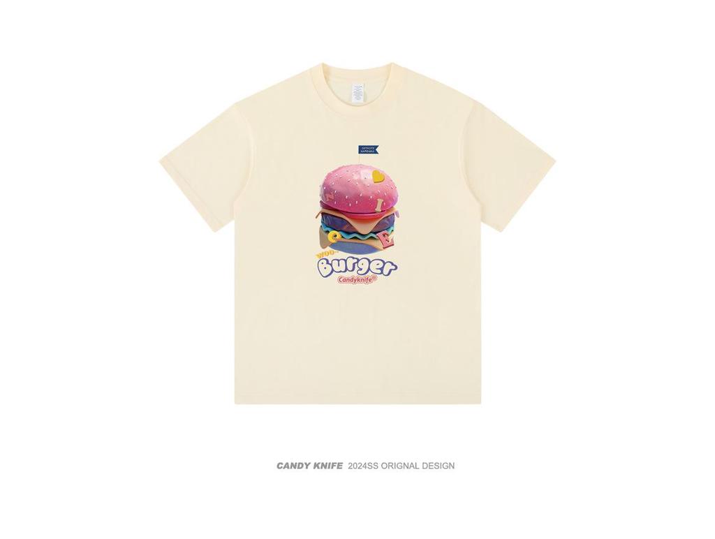 Retro Hamburger Print Short Sleeve T-Shirt for Couples - Trendy, Loose Fit for Men & Women