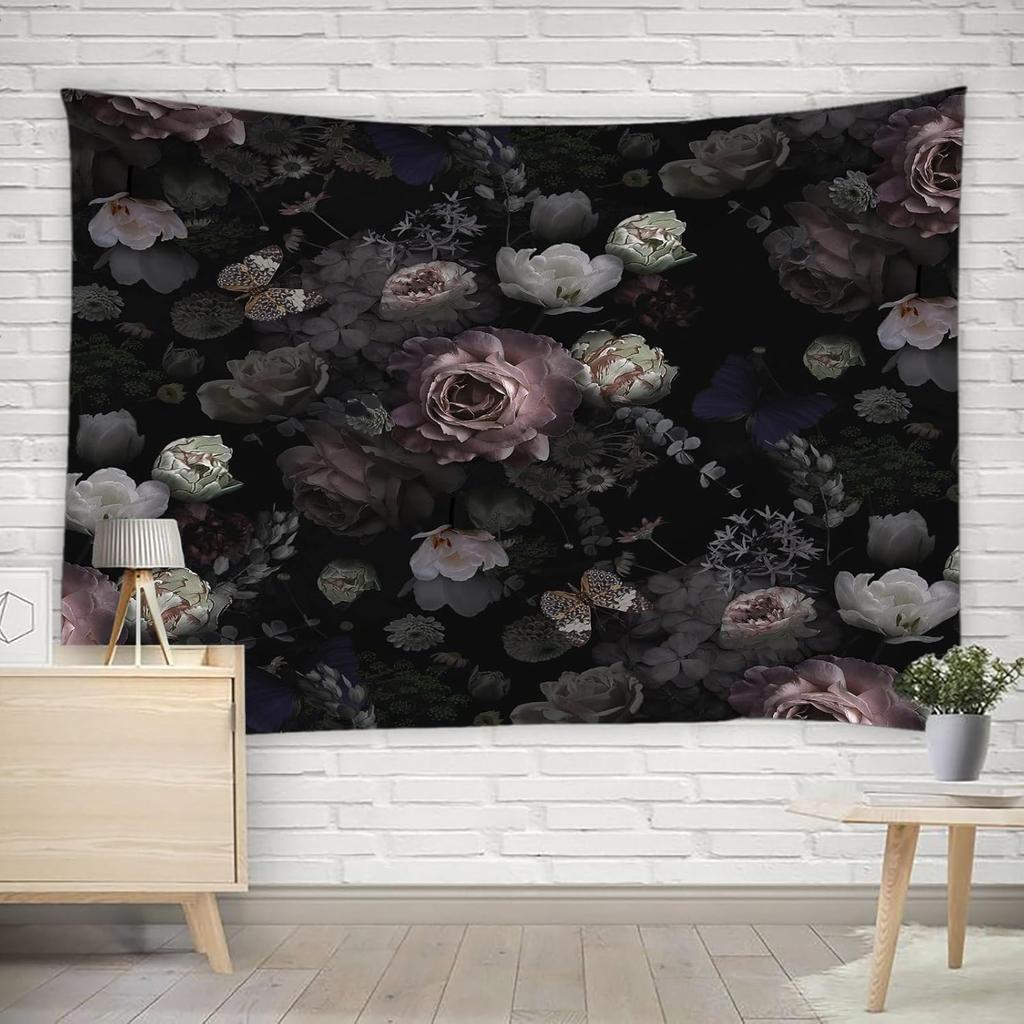 Black Floral Tapestry Retro Flower Bloosom Rustic Rose Watercolor Peony Vintage Boho Gothic Spring Plant Leaves Home Decor Wall