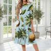 Damen Lässiges Rundhals-Midikleid Hawaiianischer Druck Sommerkleid Halbarm Bequeme Passform Ausgestellter Saum Strandstil-Kleid