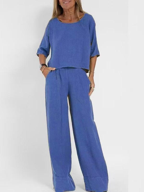 Women's Casual Cotton-Linen Two-Piece: Pocket Trousers & Short-Sleeve Pullover Top for Spring/Summer.