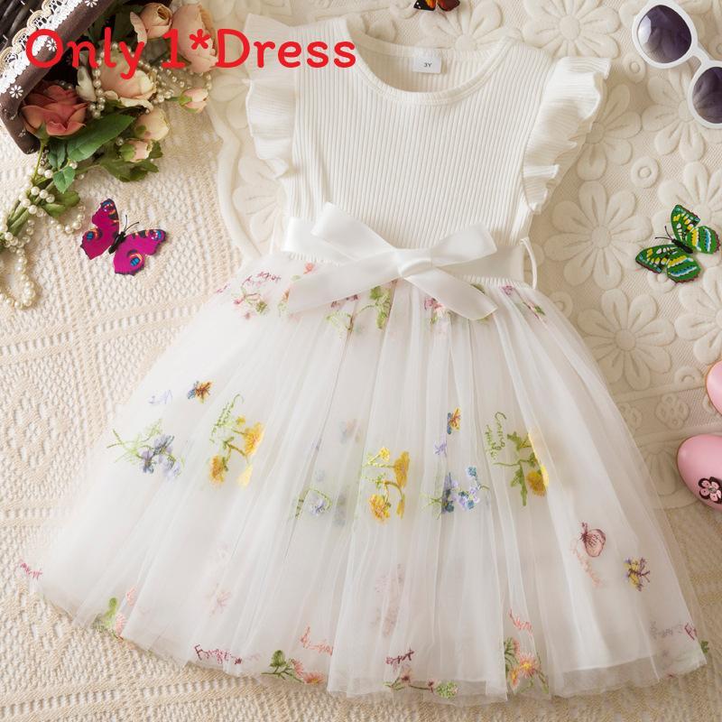 Summer Girl Flower Embroidered Mesh Dress With Bow For Toddler Girls