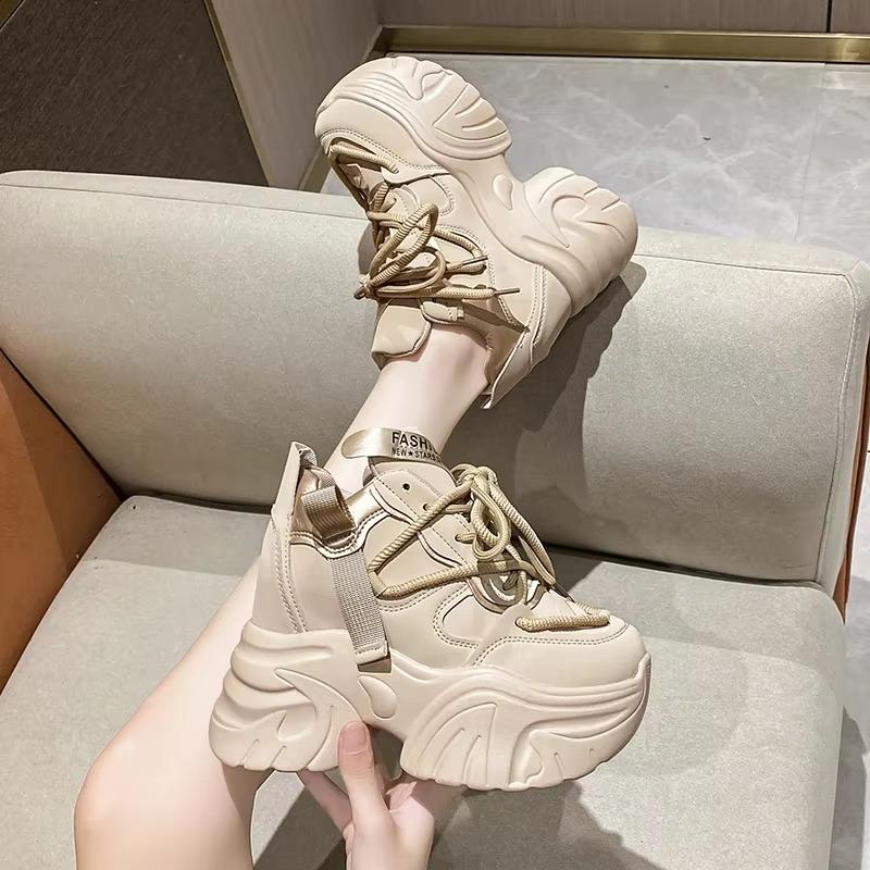 Fashion Women Walking Sneakers Autumn Lace-up High Platform Chunky Shoes Breathable Leather Shoes 10.5CM Winter Wedge Heels Casual Shoes