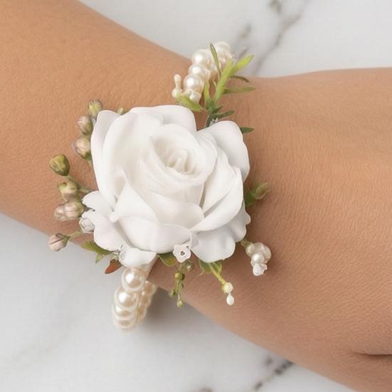White Rose Boutonniere And Wrist Corsage Set European Rustic Silk Flower for Bride Bridesmaid Groom Groomsman Wedding Party Decor
