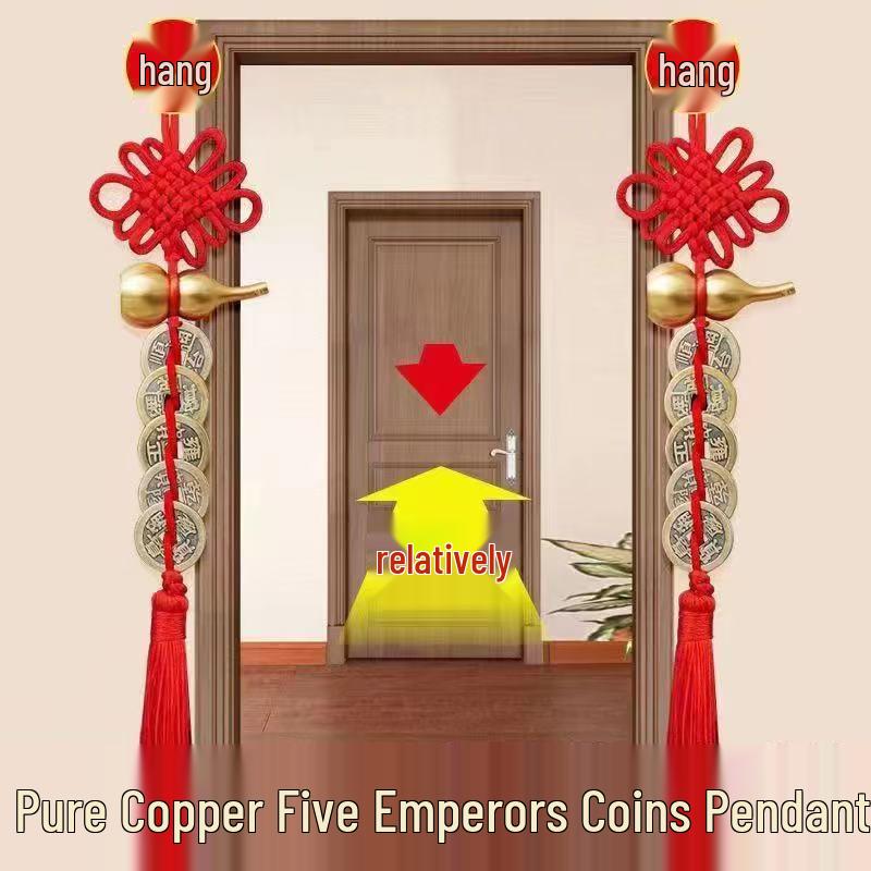 Authentic Copper Five Emperors Coins Gourd Pendant: Door, Car, or Home Hanging Ornament with Chinese Knot
