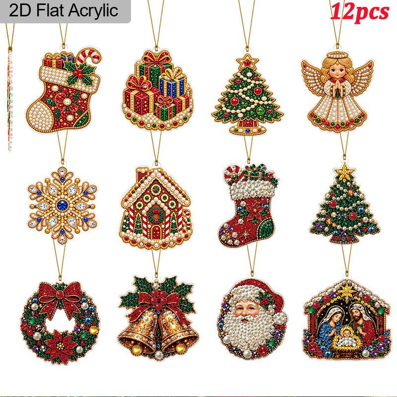 2D Flat 12Pcs DIY Acrylic Pearl Diamond Painting Christmas Ornaments Kit, Tree Hanging Decorations with Stocking, Gift Box, Angel, Nativity Scene