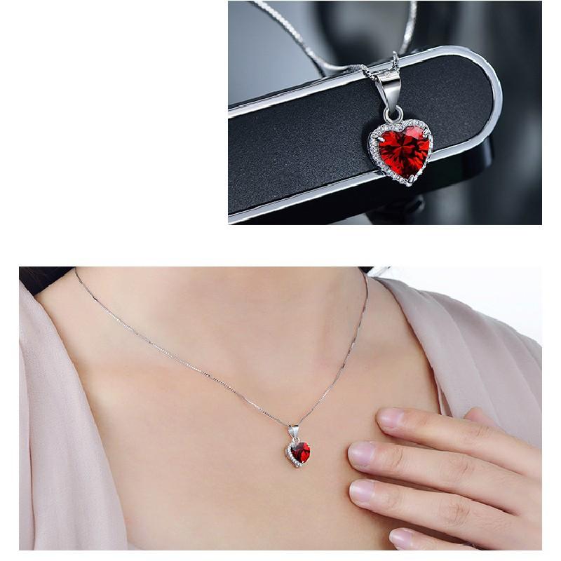 S925 Sterling Silver Red Diamond Necklace Women's Popular Heart-Shaped Clavicle Necklace