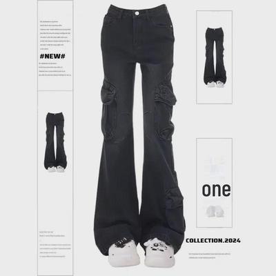 High-Waisted Retro Black and Gray Flared Jeans for Girls