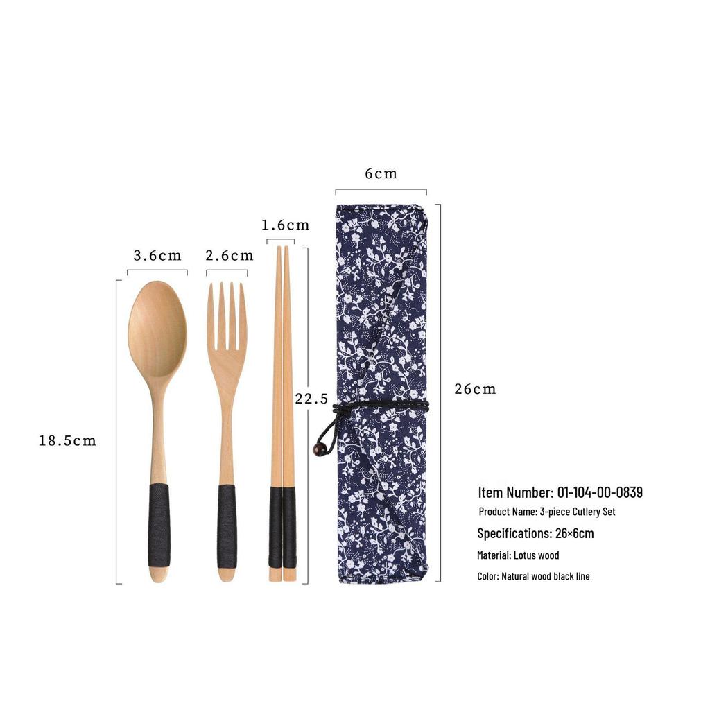 YFJY Japanese Style Wooden Chopsticks, Spoon & Fork Set for Students and Children with Cloth Bag - Three-Piece Tableware Set