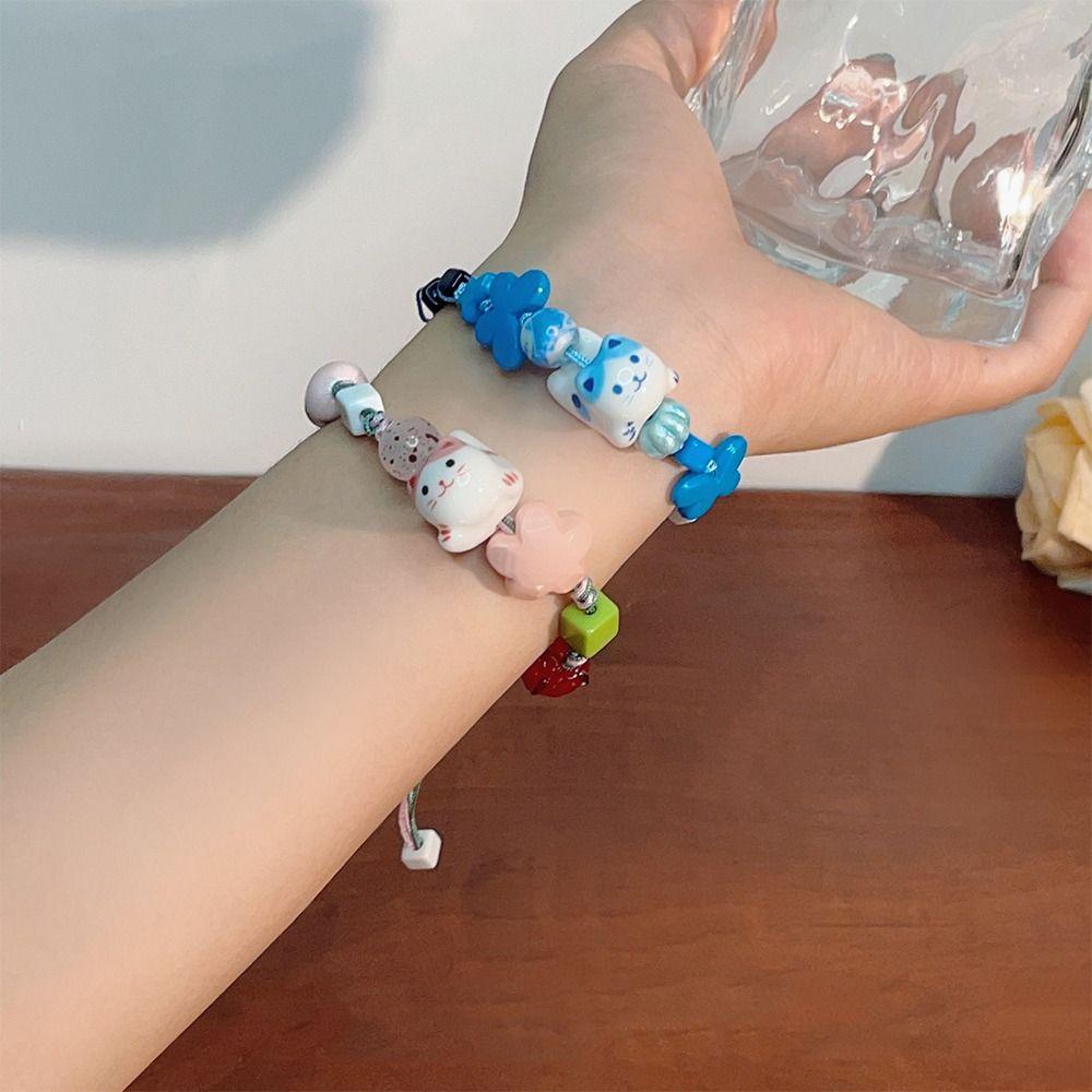 Handmade Ceramic Cat Bracelet Korean Style Cat Bead Bracelet Retro Maneki Neko Bracelet  Women