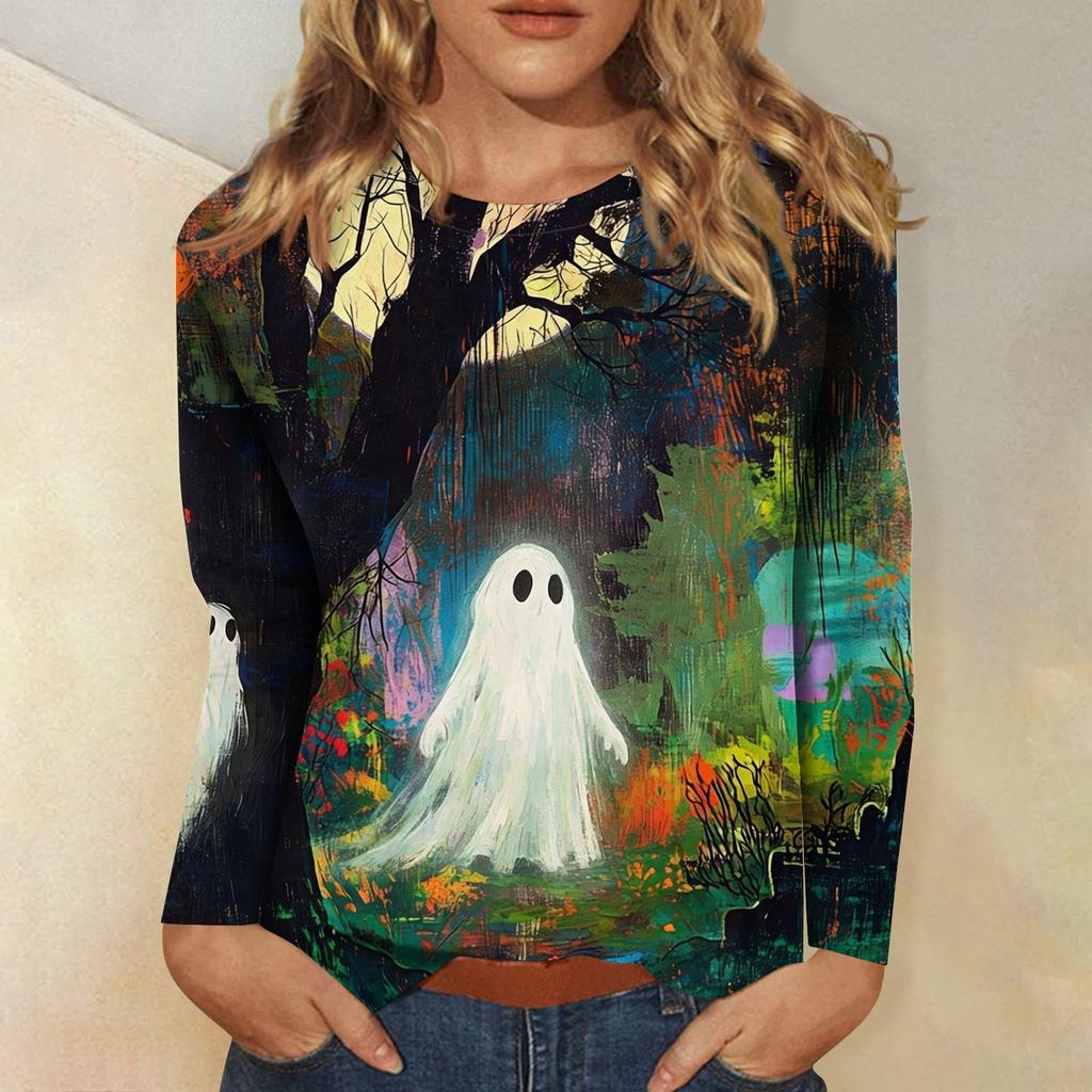 Women's Long-sleeved Loose-necked Halloween Print Casual Top, Suitable for Holiday Parties