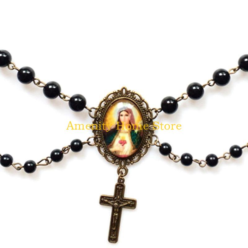 F26C Crystal Beads Rosary Catholic Necklace Miraculous Medal & Crucifix Pendant Catholic Necklace Chain for Women Girl Teen