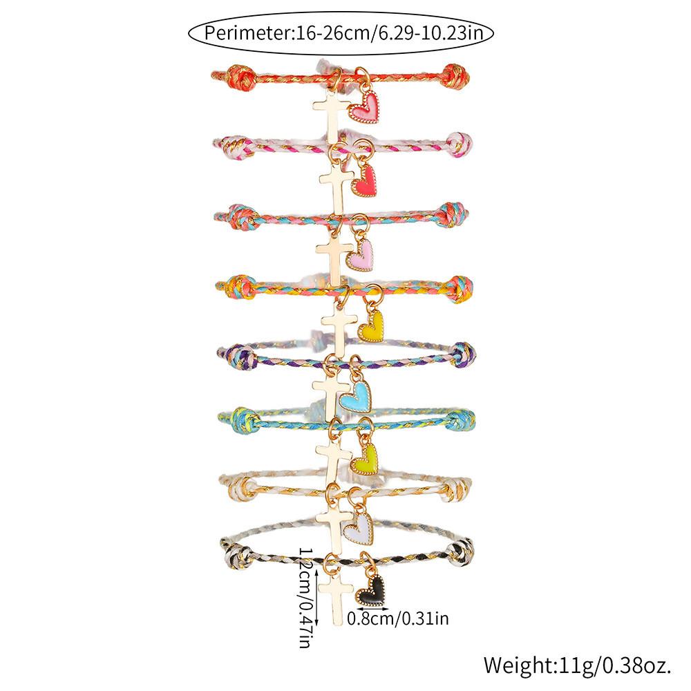 Rainbow Woven Love Heart Friendship Bracelet With Gold Cross Pendant For Women