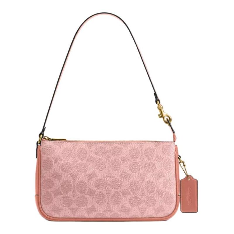 COACH Plaza 21 Printed Design Gold Chain Hardware Coated Canvas and Calfskin Shoulder Bag Small Women’s Melon Pink золотой