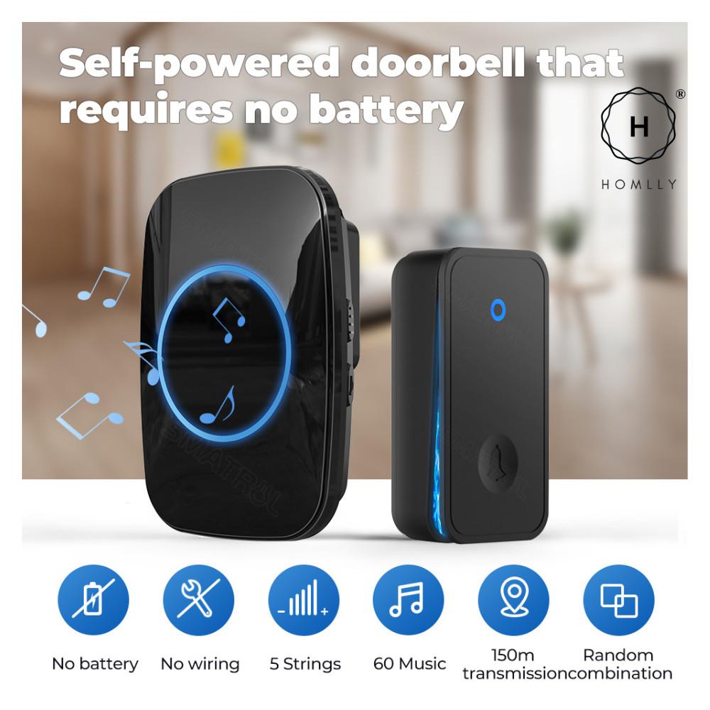 HOMLLY Self-Powered Wireless Waterproof Electric Door Bells with 60 Chimes & 5-Level Volume LED Flash