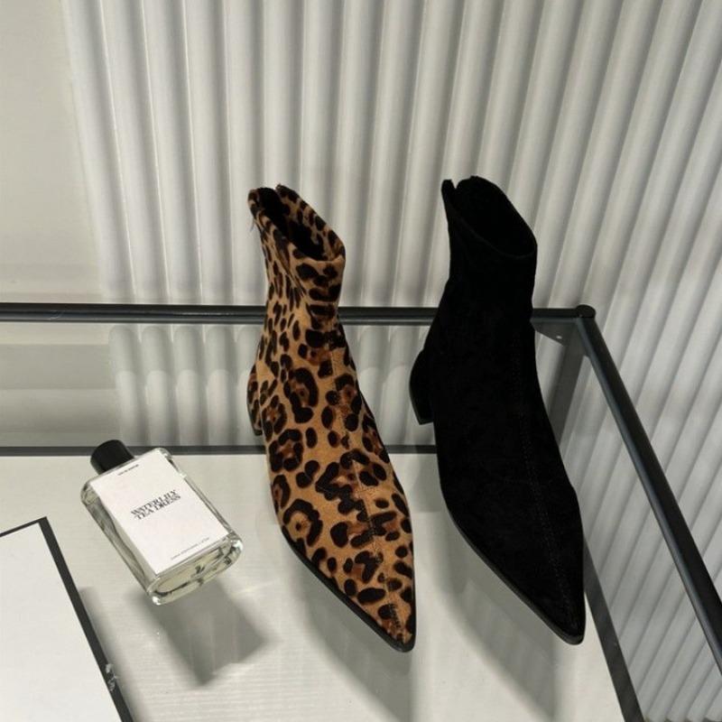 Fashion New Zippers Fashion Pointed Toe Women Ankle Boots with Low Heel Shoes Female Leopard Print Footwear Ladies Stretch Modern Boots