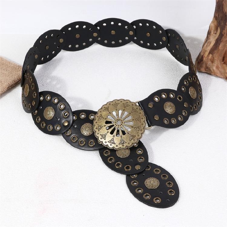 Comfortable Round Disk Waist Belt For Women PU Leather Strap With Ethnic Motifs Everyday Wear