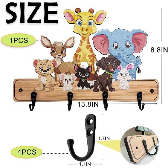 Wooden Decorative Cute Animals Children's Colorful Wall Hanging Coat Rack Hooks Kids Room Clothes Hanger