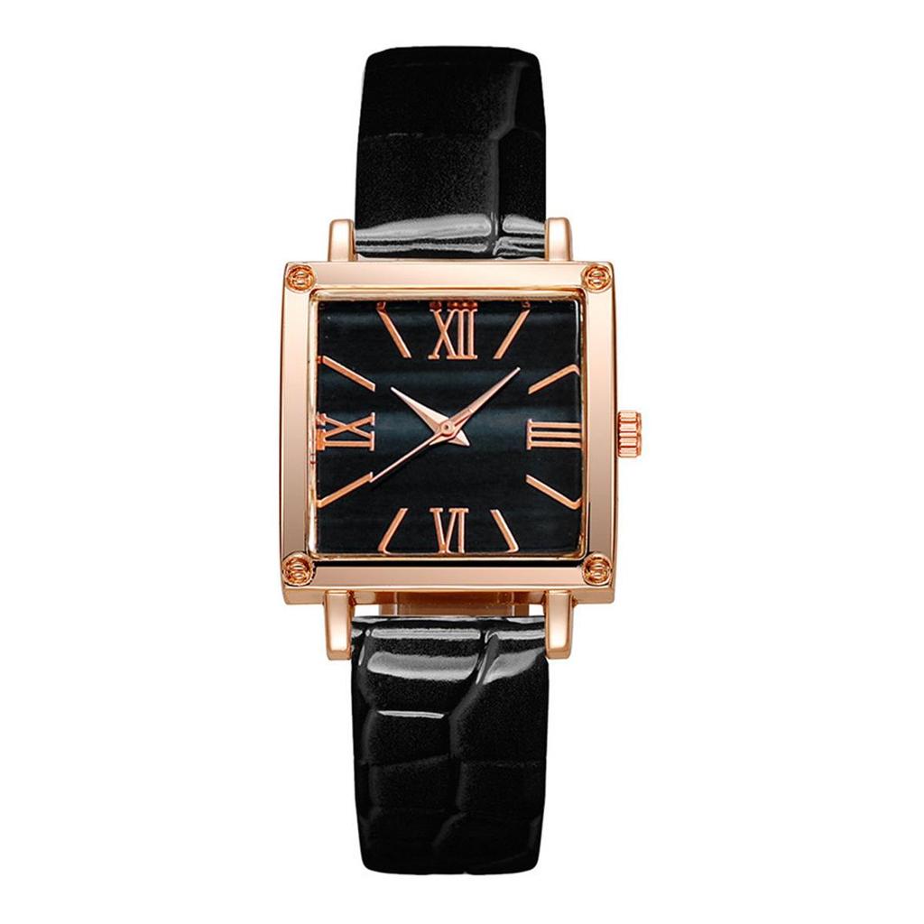 Kwadratowy Zegarek Rzymski i Bransoletka z Kamieniami Szlachetnymi: Zegarek na skórzanym pasku + Bransoletka z kamieni szlachetnych.