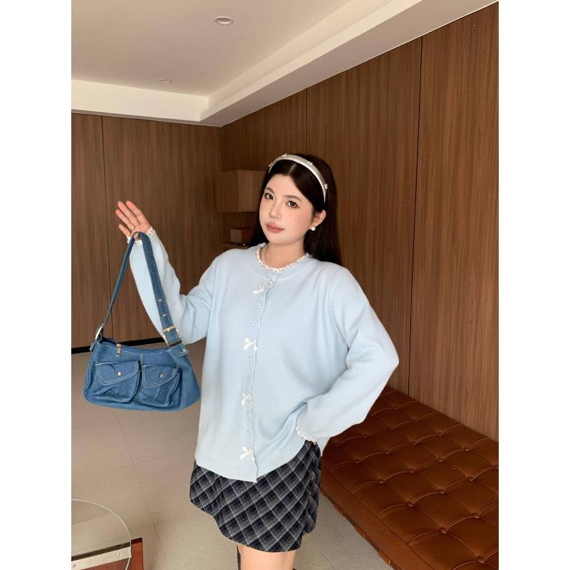 

Autumn and winter new large-size women s clothing bow button knitted cardigan jacket casual versatile loose crew neck knitted sweater L (180-110 kg)