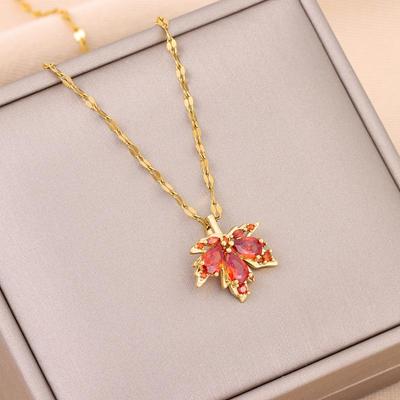 Romantic Red Maple Leaf Pendant Necklace - Korean Style, Titanium Stainless Steel Clavicle Chain