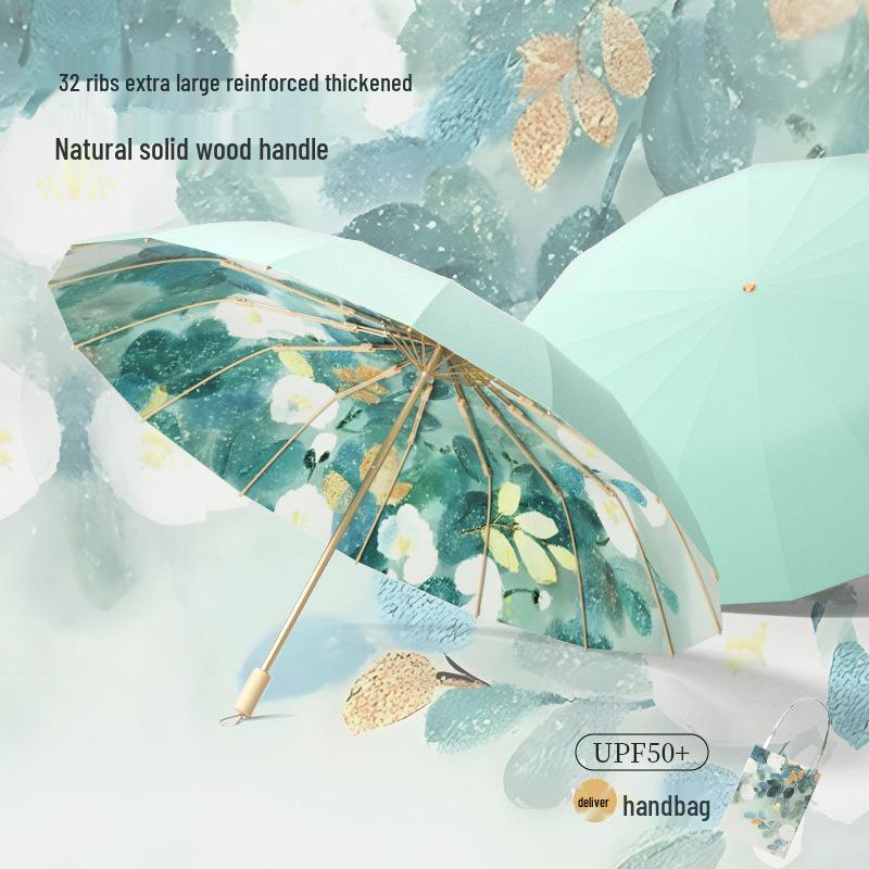Xiaohongshu Bestseller: Oversized Chinese-Style Folding Umbrella for Sun and Rain (Women's Sun Protection, Thickened Color Gel Print)