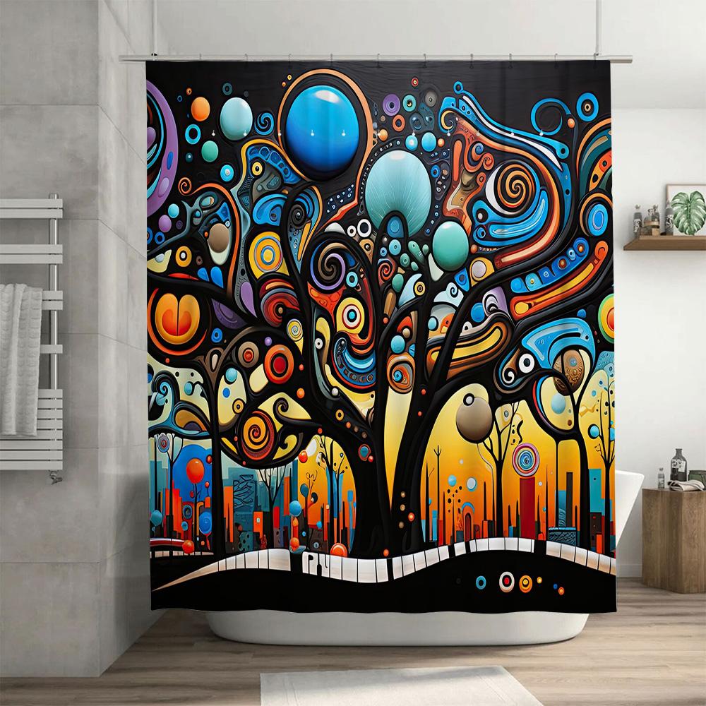 Artistic Shower Curtain Decor Abstract Tree Design With Vibrant Colors For Bathroom Decoration Printed Fabric Covering (White, 7