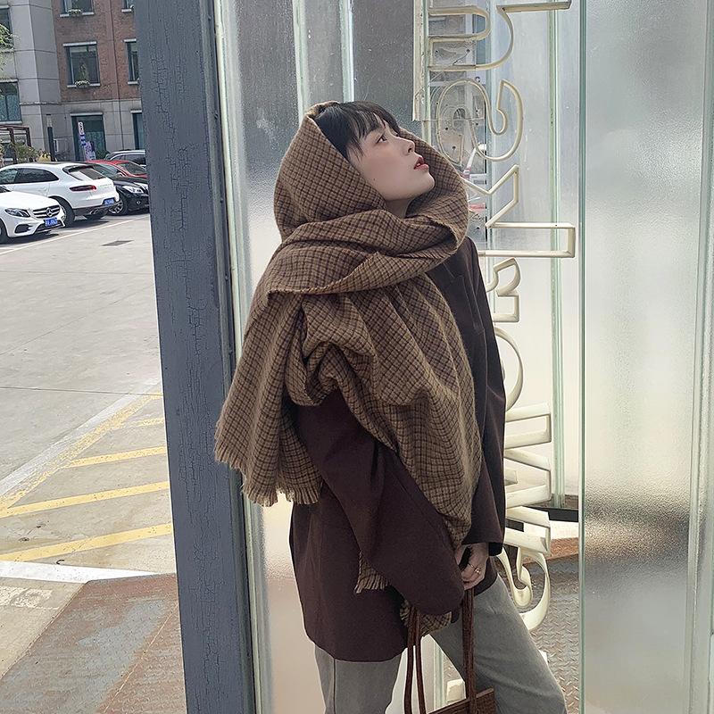 Winter Trendy Dual Purpose Scarf for Women Ins Korean Style Versatile Warm Small Plaid Imitation Cashmere Soft Large Shawl Wide Scarf