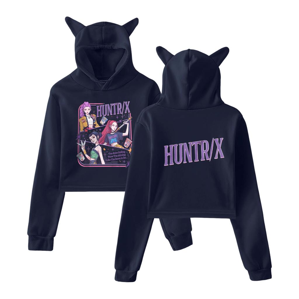 KPop Demon Hunters Cartoon Printed Merch Hoodies Sweatshirt for Girls Cat Ear Crop Pullover Casual Clothes