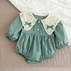 Baby-Krabbelstrampler im koreanischen Stil mit besticktem Kragen - Langarm, Niedrige Vollabdeckung für Frühling/Herbst.