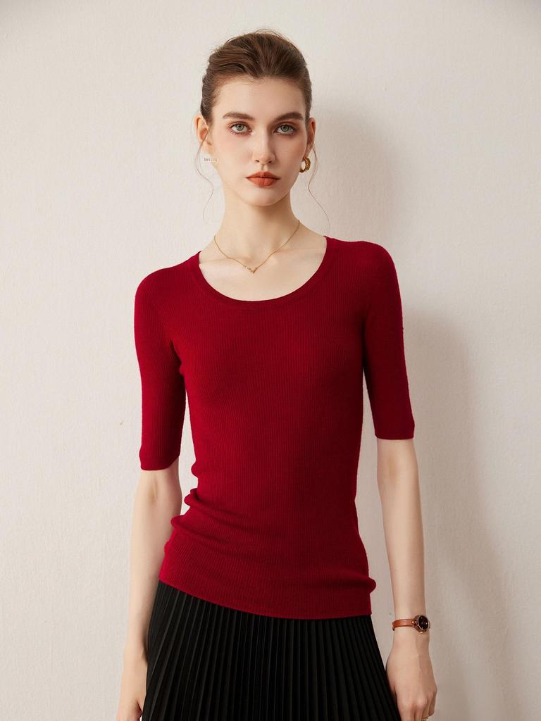 2026 Autumn/Winter Women's Slim Fit Five-Sleeve Wool Sweater, Round Neck