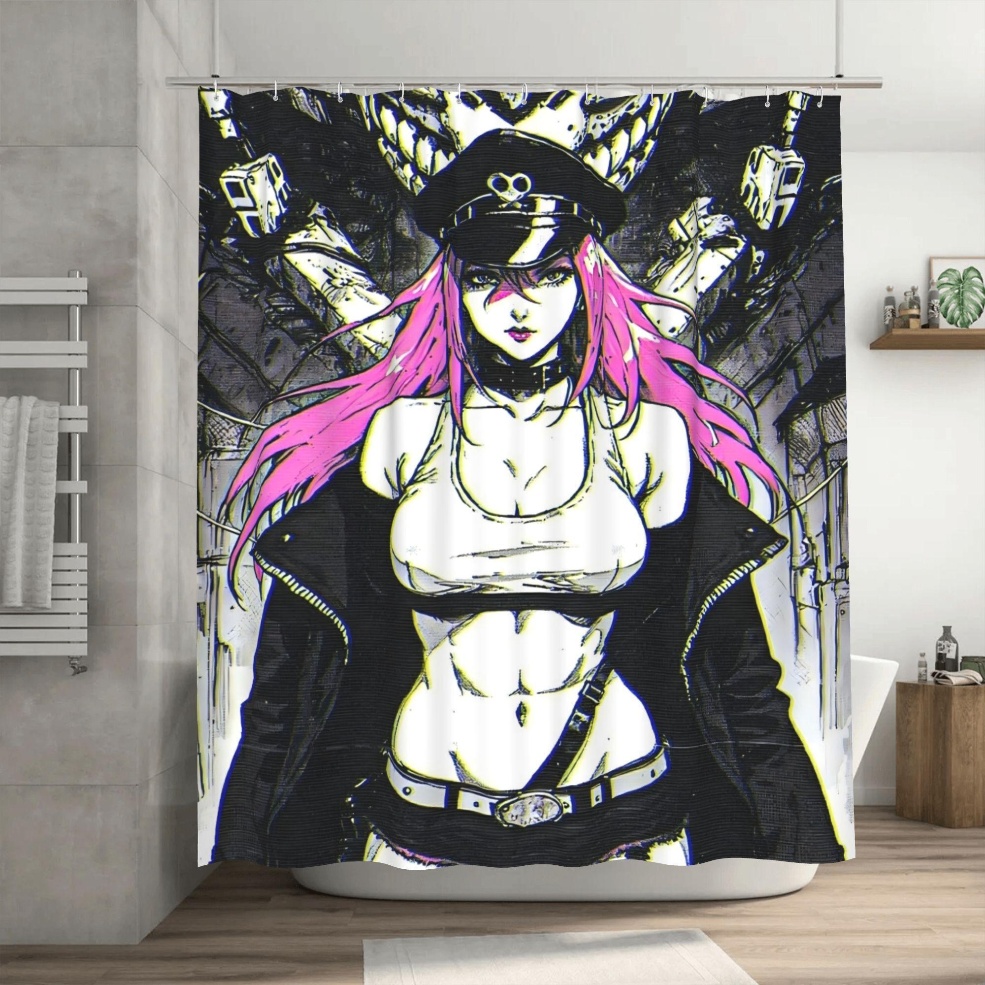 

Vibrant Anime Character Shower Curtain - Pink Hair & Skull Makeup Design, Easy Install Polyester Bathroom Decor With Grommets W60H190(CM)-1 Pcs